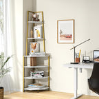 VECELO 6 Tier Corner Shelf 69 Inch Industrial Bookshelf with Metal Frame, Multipurpose Tall Plant Stand with Opening Display Shelves for Living Room, Bedroom, Home Office, Small Space, Gold
