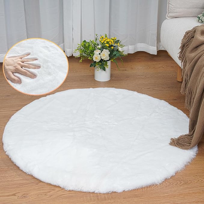 White Faux Fur Round Rug 4ft Fluffy Rabbit Fur Rug Machine Washable Circle Area Rugs for Living Room Bedroom Home Teen Room Nursery Décor