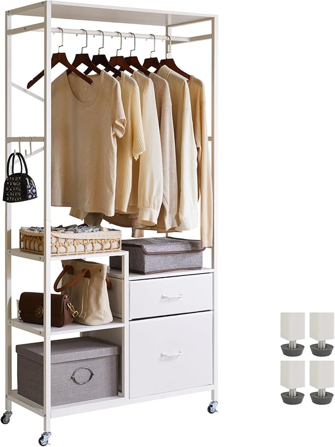 Clothes Rack for Hanging Clothes, 2 Drawers, Heavy Duty Garment Racks with Shelves, Clothes Rack with Hanging Hooks, White YD-TM080W