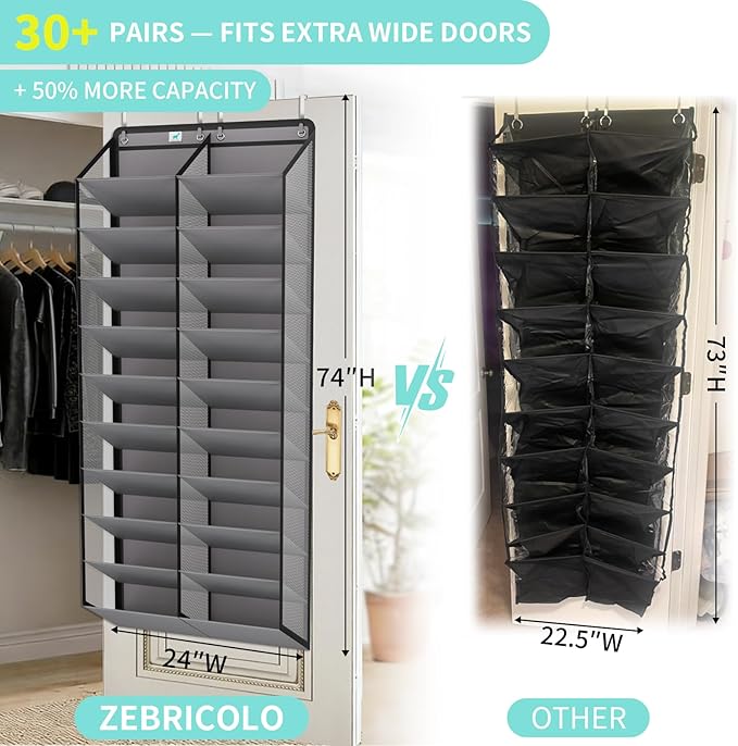 Heavy-Duty, over the door shoe organizer, Extra-Wide Large, shoe organizer, Holds 30 Pairs & Supports 100lbs, shoe rack, with Reinforced Grommets & Bamboo Rods, Fits Men's Size 12 & Boots, Grey