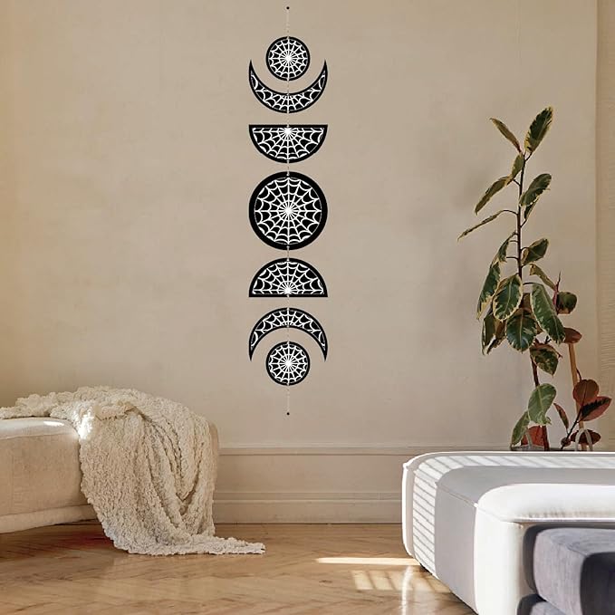 CREATCABIN 7Pcs Spider Web Moon Phase Wall Hanging Halloween Moon Cycle Bohemian Wall Decor Moon Wooden Ornaments Hang Vertical Decorative Gifts for Home Farmhouse Gallery Apartment Bar 37.1x6.3in