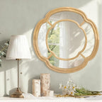Wall Mounted Mirror, Wooden Round Framed Mirror Large Irregular Wavy Hanging Decorative Mirrors for Living Room Bedroom and Entryway Home 20 Inch Decor
