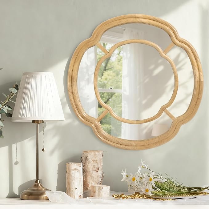 Wall Mounted Mirror, Wooden Round Framed Mirror Large Irregular Wavy Hanging Decorative Mirrors for Living Room Bedroom and Entryway Home 20 Inch Decor