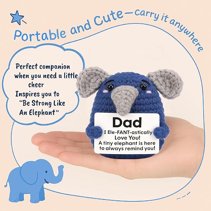 Dad Gifts from Daughter Son, Handmade Crochet Elephant Doll, Cute Emotional Support Animal Gift for Dad, Inspirational Love You Gift, Birthday Idea