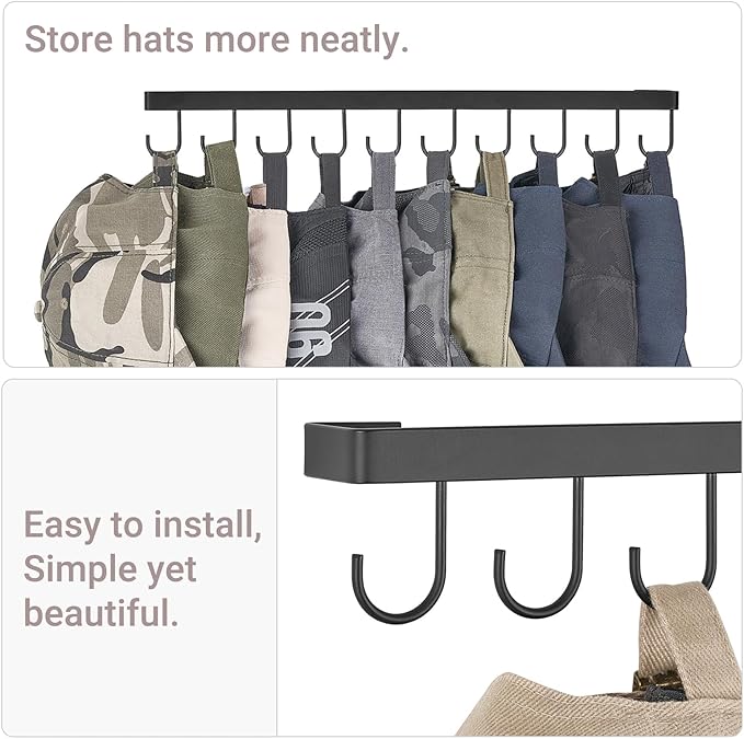 Mkono Hat Rack for Wall Hat Storage Organizer for 40 Baseball Caps, Modern Metal Closet Hat Hooks, Wall Mount Ball Caps Holder Organizer for Bedroom Entryroom Closet Organization, Set of 4, Black
