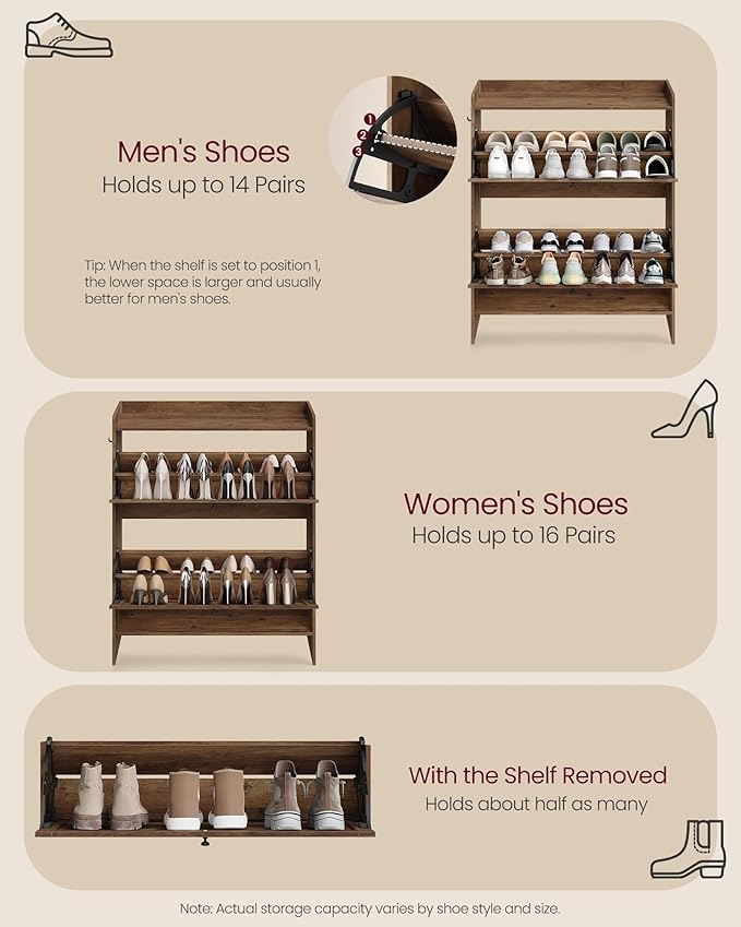 VASAGLE Shoe Storage Cabinet Organizer with 2 Flip Drawers, Freestanding Narrow Shoe Rack Cabinet for Entryway, Farmhouse Style, Fits 14 to 16 Pairs, Honey Brown UHSC203KB01S