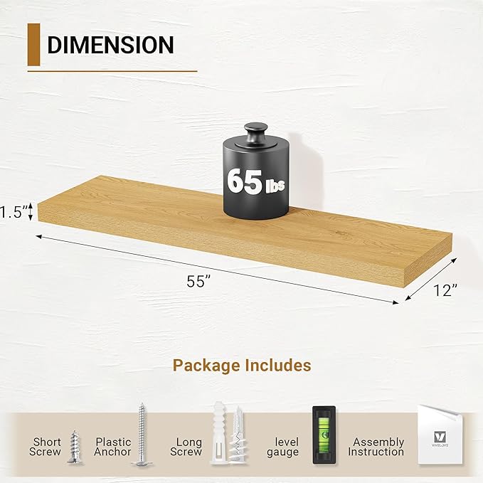 Vivelove 12 Inch Deep Floating Shelves 55 inch Long, Thick Wall Shelves with Invisible Brackets, Shelf for Bedroom Bathroom Living Room Kitchen Office, Rustic Farmhouse Decor, 55x12x1.5 Set of 2, Oak
