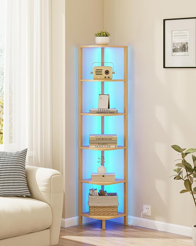 TUTOTAK Corner Shelf with LED Light, 6-Tier Corner Bookshelf for Small Space, Narrow Display Corner Shelf Stand with Storage Rack, for Living Room, Bedroom, Natural BS08BN006L