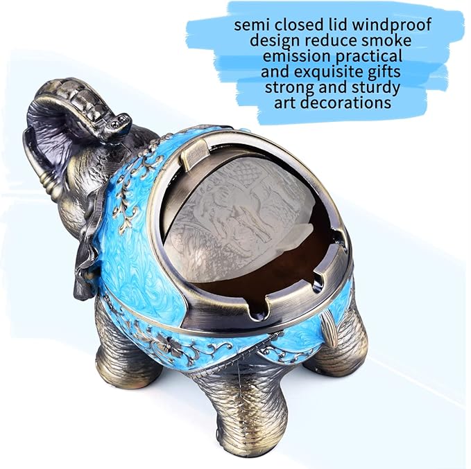 Stand Elephant Decorative Windproof Ashtray with Lid for Cigarettes Metal Portable Cigar Ashtray Odor Eliminator Indoor outdoor Hand Carved Fancy Gift ornament for Men Women (Light Blue)