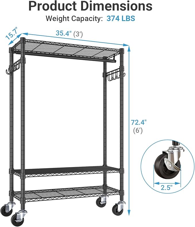 VIPEK R3C Rolling Clothes Rack with Cover Portable Closet for Hanging Clothes, Heavy Duty Garment Rack Freestanding Racks with Wheels&Side Hooks, Black Rack with Black Upgraded Polyester Cover