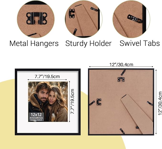 Rempry 12x12 Picture Frame, Display Pictures 8x8 with Mat or 12x12 Without Mat, Wall Hanging or Tabletop Photo Frame with Shatter Resistant Plexiglass, Black, 1 Pack