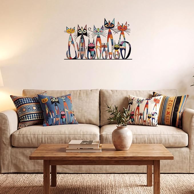 Wesiti Cat Wall Art Decor Iron Wall Sculptures Decor for Cats Lover 11.81 x 7.2 Inches Colorful Retro Mid Century Cat Signs for Home Living Room Bedroom Kitchen Office
