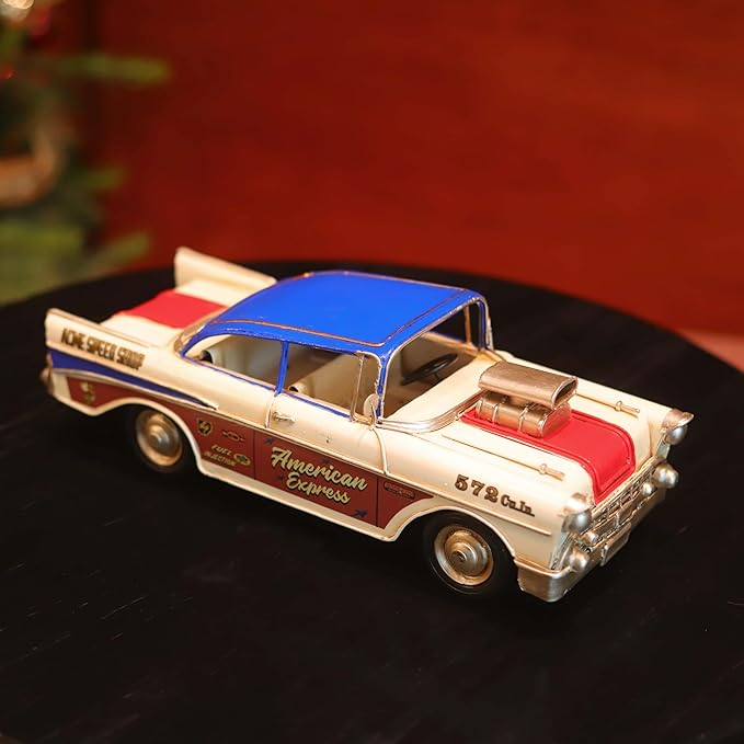 GENUINQ Vintage Classic Car Metal Model, 1950s Style Retro Racer Figurine with Raised Hood Scoop, Red White Blue Patriotic Livery, Man Cave Garage Decor & Collectible Gift