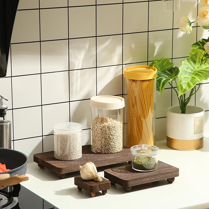 Maitys 3 Pcs Wooden Risers for Display Pedestal Stand Wooden for Decor Farmhouse Vintage Rustic Stackable Kitchen Stand Tray Riser, 3 Sizes(12 x 6.7, 8 x 4.7, 4 x 2.8 in,Brown)