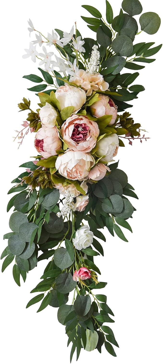 2 Pcs Wedding Arch Flowers Kit, Artificial Peony Flower Swag Backdrop Floral Garland Centerpieces, Champagne Peony Floral Swags Silk Hanging Peony Garland with Green Leaves Decor for Home(Pink)