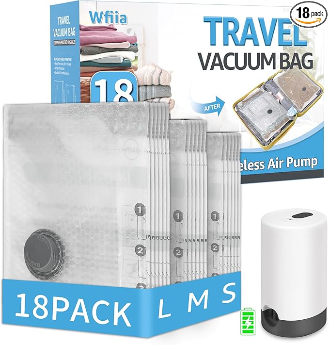 18 Packs Vacuum Bags for Travel with Rechargeable Pump, 3 Sizes Vacuum Seal Bags for Clothing, Compression Vacuum Travel Bags for Luggage, Vacuum Packing Bags for Closet Organization