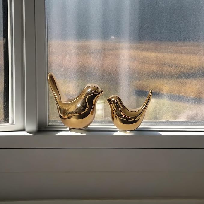 Small Animal Statues, Gold Bird Figurines Home Decor, Modern Home Decorative, Ceramic Decor for Office Desktop, Bookshelf, Bedroom, Living Room, Cabinets (Gold 2 Pcs)