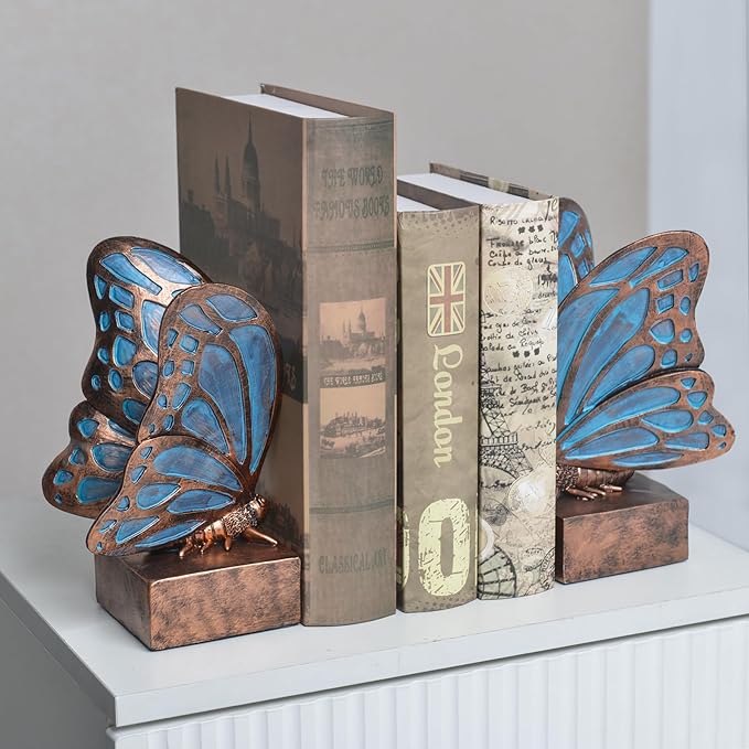 Vintage Blue Butterfly Bookends,Resin Book Ends for Shelves,Heavy Duty Decorative Bookends,Creative Book Stopper Holder Decor for Desk Home Office,Shelf Decoration,Gifts for Mother's Day