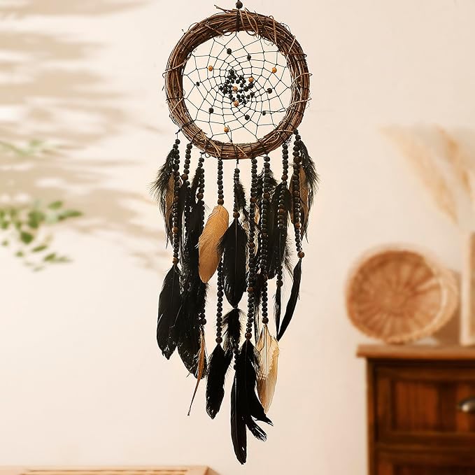 Dream Catcher Native American Boho Dreamcatcher Black Wall Decor, Handmade Rattan Natural Goose Feathers Wall Art Hanging Indian Room Decor for Bedroom Living Room