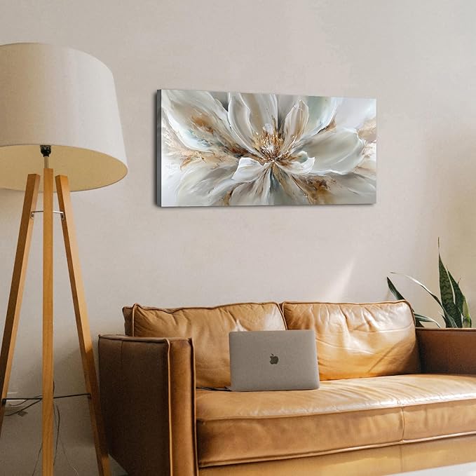 Flower Wall Art Vintage White Floral Canvas Pictures Abstract Blooming Flower Prints Painting Large Abstract Botanical Blossom Wall Decor Elegant Artwork for Bedroom Living Room Home Decoration 20x40"