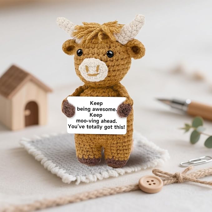 DAFURIET Handmade Positive Crochet Highland Cow, Emotional Stuffed Animal Doll Gifts for Women/Men, Cute Birthday Graduation Present for Friend, Coworker, Son, Daughter