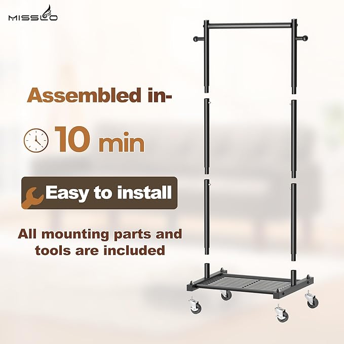 MISSLO Small Clothing Racks for Hanging Clothes 45" Short Clothes Rack with Shelves Metal Rolling Garment Rack with Wheels for Small Space, Closet, Wardrobe, Adults & Kids, Black