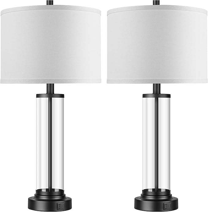 QiMH Touch Control Table Lamps Set of 2 with USB Ports, 3-Way Dimmable Bedside Lamp for Living Room Bedroom House, Modern Nightstand Lamp with 2 LED Bulbs(Black)