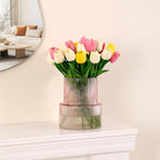 Pink Glass Vase, Ribbed Glass Vase for Tulips, Flower Vases for Bouquet, Pink Modern Vases for Living Room, Dining Table, Entryway, Mantle, Shelf, Wedding, Office, 7.5 Inches
