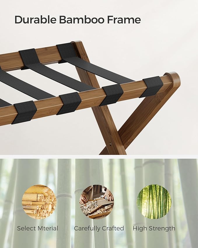 SONGMICS Bamboo Luggage Rack for Guest Room, Set of 2, Folding Suitcase Stand with Fabric Storage Shelf, for Hotel, Bedroom, Heavy-Duty, Holds up to 131 lb, Walnut Brown URLR007D02