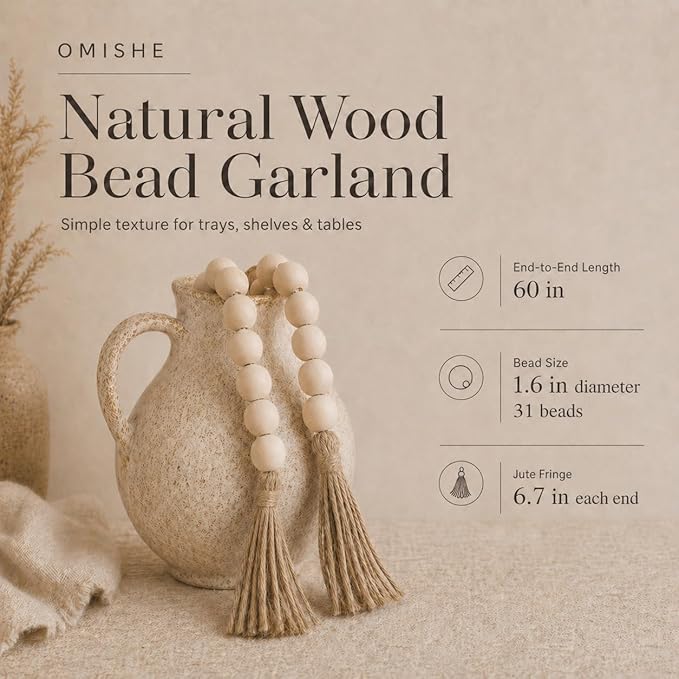 OMISHE 60" Long Extra Large Wood Bead Garland with 1.6" Diameter Wooden Beads and Tassels, Rustic Farmhouse Country Decorative Beads for Home Decor Tiered Tray Decor, Natural Beige