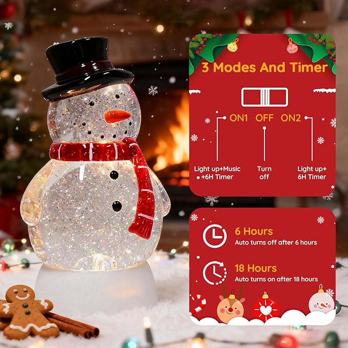 Christmas Snow Globe Snowman Lighted Musical Glitter Globe Battery Operated or USB Powered with Timer Water Glittering Snowing Globe for Christmas Party Home Table Decorations Gifts (Snowman)