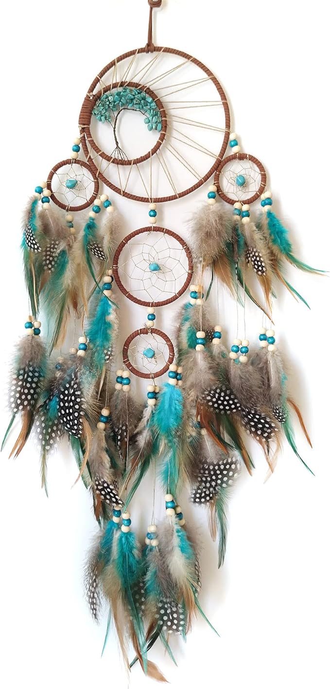 Blue and Brown Large Dream Catcher Wall Decor Crystal Tree of Life Dream Catchers Handmade Feather Dreamcatcher Wall Hanging Ornament for Bedroom Living Room Home Decor