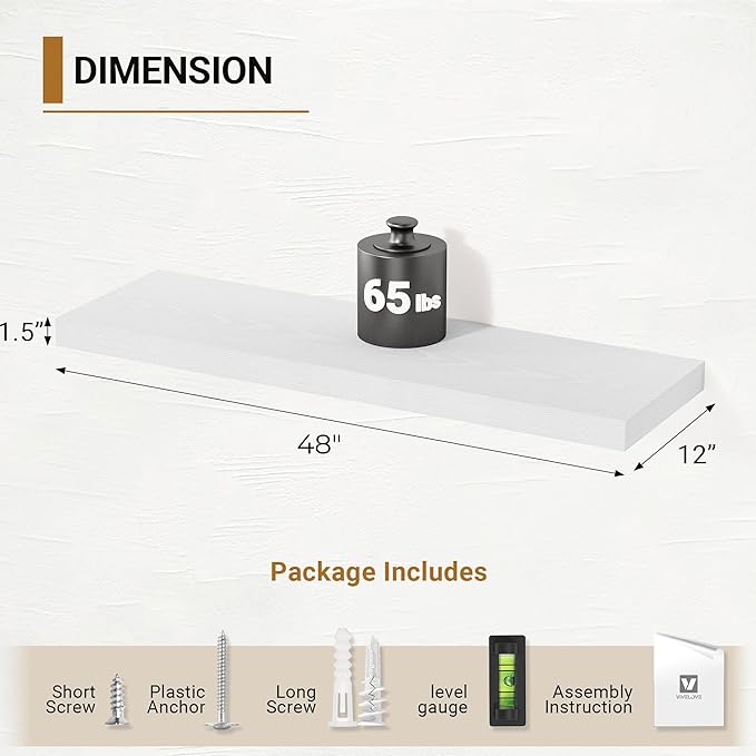 Vivelove White Floating Shelves 12 Inches Deep, 48x12 Floating Shelves for Wall with Invisible Brackets, Room Shelves for Living Room Bedroom Kitchen Office, Set of 2
