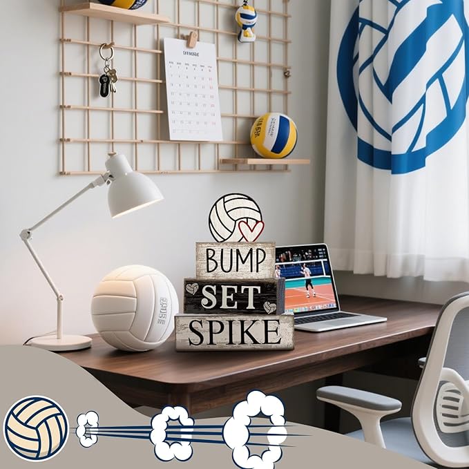 Yuntau 4 Pcs Volleyball Centerpieces for Table Volleyballs Tiered Tray Decorations Wooden Bump Set Spike Farmhouse Decorative Faux Book Stack Block Sign for Room Shelf Coffee Table Fireplace Mantel