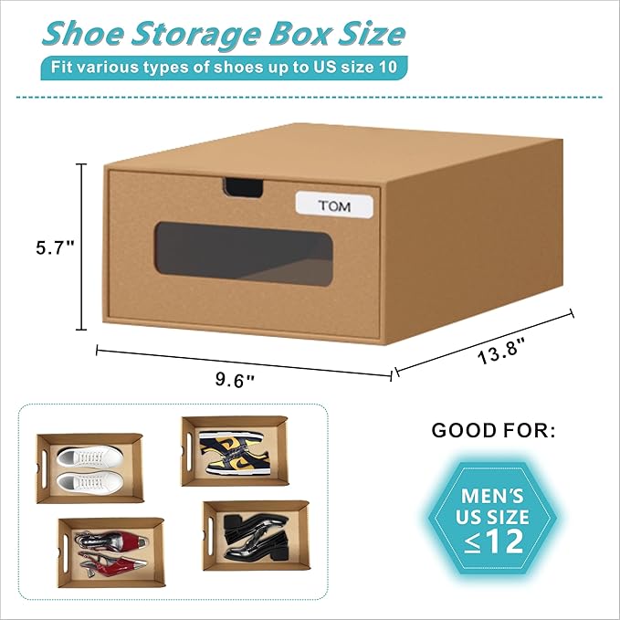 12 Pack Shoe Storage Bins Big Size(13.8'' x 9.6'' x 5.7''),Waterproof Storage Boxes,Shoe Containers For Sneaker Display,Hat Organizer,Stack-able Cardboard Boxes,with Marking Labels,Transparent Window
