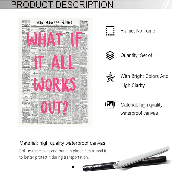 Drimiler What If It All Works Out Poster Retro Newspaper Pink Font Canvas Wall Art Positive Affirming Quote Minimalist Prints Painting For Home Bedroom Dorm Wall Decor 12x16in Unframed
