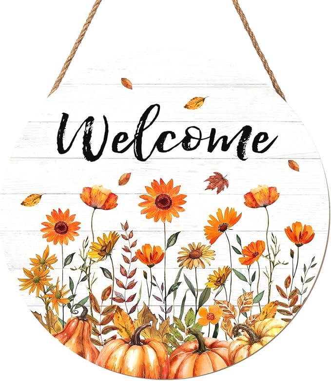 Fall Welcome Sign for Front Door Fall Floral Wooden Door Hanger 12x12 Inch Autumn Wreath for Outdoor Outside Porch Decor Farmhouse Flowers Welcome Hanging Sign for Home Wall Greeting Party
