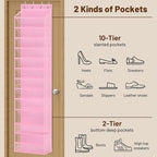MISSLO 12 Tier Over the Door Shoe Organizer Breathable Mesh Hanging Shoe Rack for Closet Storage Shoe Holder for Door Fit 24 Pairs Sandals, Heels, Boots (Pink)