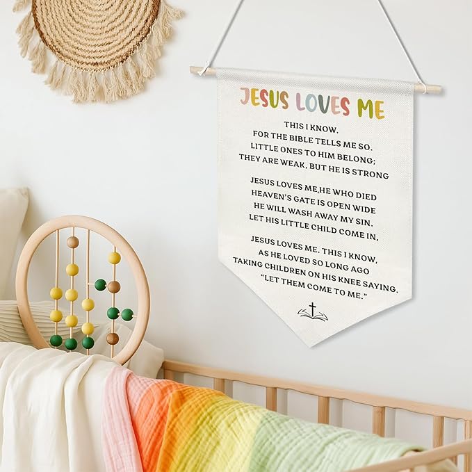 Jesus Loves Me Canvas Wall Hanging Banner for Kids,Christian Bible Verse Poster with Wood Rod, Nursery Sunday School Decor, Religious Gift for Baby or Toddler, 11x16 Inch (KD11)