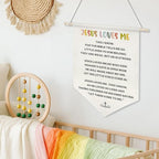 Jesus Loves Me Canvas Wall Hanging Banner for Kids,Christian Bible Verse Poster with Wood Rod, Nursery Sunday School Decor, Religious Gift for Baby or Toddler, 11x16 Inch (KD11)
