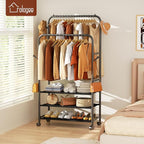 Furologee Clothes Racks for Hanging Clothes, Portable Rolling Garment Rack, Sturdy Metal Freestanding Cloths Racks with Wheels, Double Rods Wardrobe Rack for Bedroom Laundry Living Room