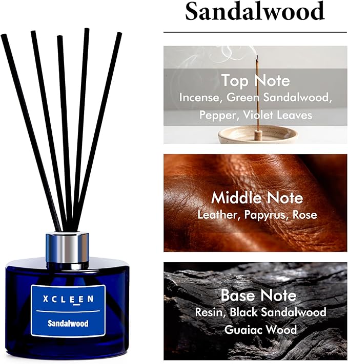 Xcleen Reed Diffuser Set, 6.7 fl oz Sandalwood Scented Oil Diffuser with Sticks, Reed Diffusers for Home Bathroom Shelf Decor