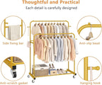Laiensia Double Rods Garment Rack with Wheels, Clothing Rack for Hanging Clothes,4 Hooks, Multi-functional Bedroom Clothes Rack, Gold