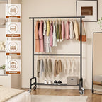 Abiglifty 2 Tier Clothes Rcks for Hanging Clothes, Heavy-Duty Clothing Rack with Wheels,150LBS Capacity, 42" W X15 D X 77" H Garment Rack with Bottom Shelf, for Bedroom, Living Room, Black