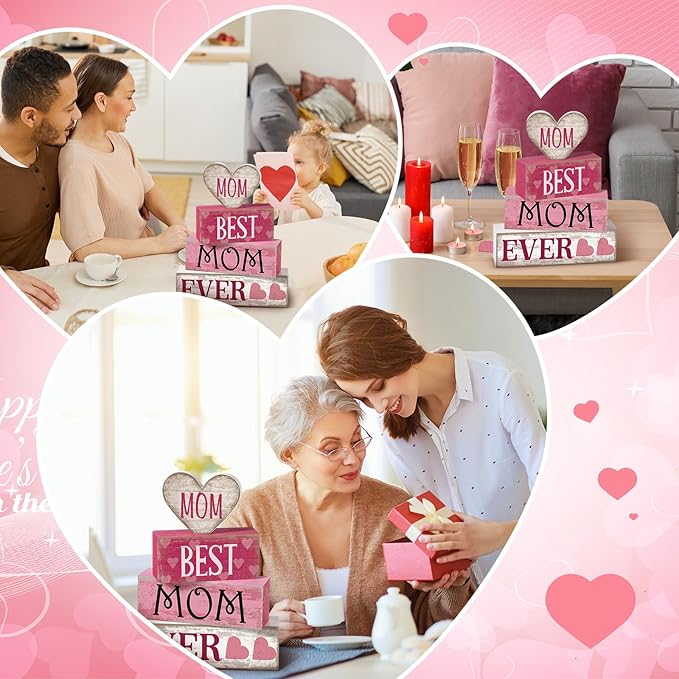 Yuntau 4 Pcs Mothers Day Table Decorations Mothers Day Tiered Tray Decor Mom Wooden Sign Mothers Day Centerpiece Decorative Faux Book Stack Block for Coffee Table Fireplace Mantel Floating Shelf