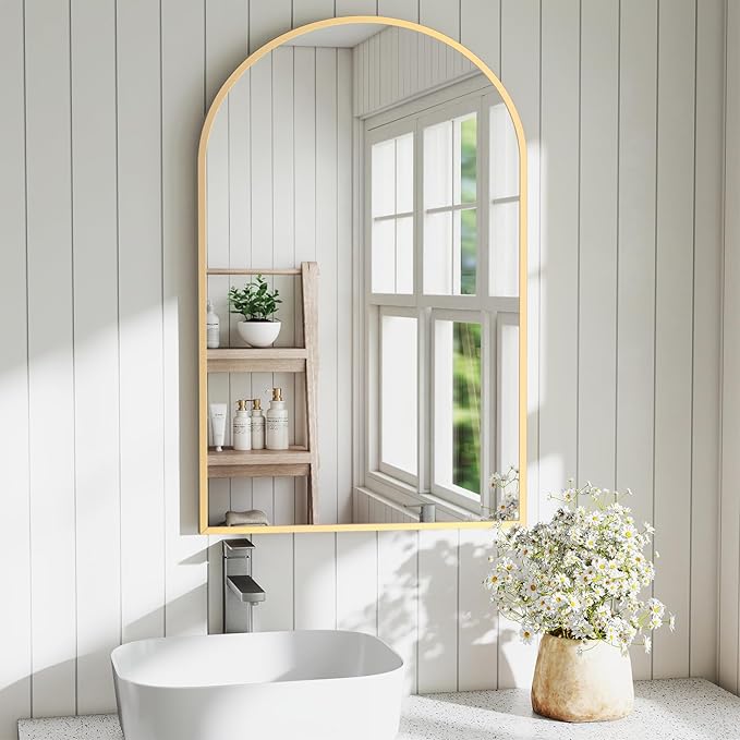 DUMOS Gold Metal Arch Vanity Rounded Rectangle Bathroom Mirrors for Over Sink Wall, 24x37 Inch Large Matte Mirror, Modern Decorative for Restroom, Farmhouse
