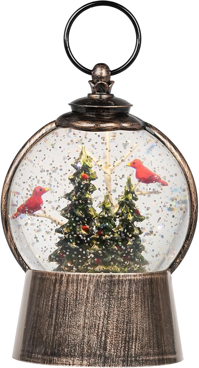 Christmas Snow Globe Lantern with Swirling Glitter Christmas Decorations Indoor, Cardinals & Christmas Tree Lighted Musical Snow Globes USB Powered & Battery Operated Lantern for Holiday Decor
