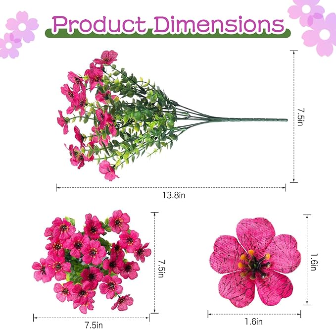 QUNPON Artificial Flowers for Outdoors,Faux Flowers Daisy with Eucalyptus Leaves for Indoor Garden Home Decoration,UV Resistant Artificial Flower Fake Plants for Porch Patio, 12 Bundles (Purple Pink)