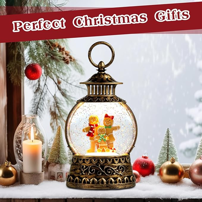 Christmas Snow Globe,Gingerbread Man Musical Snow Globe Lantern Lights with 6H Timer Battery & USB Powered, Retro Style Holiday Glitter Globe for Xmas Home Decoration Holiday Party Gifts
