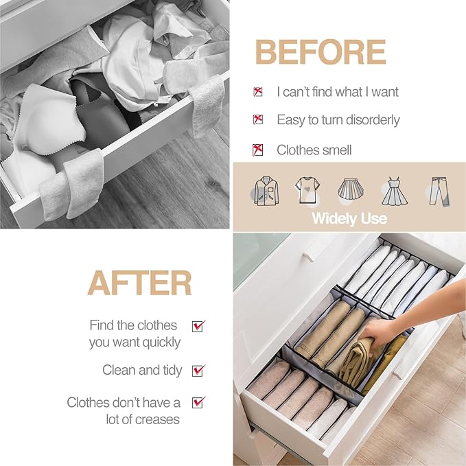 Wardrobe Clothes Organizer 7 Grids Portable Closet Organizer Mesh Separation Storage Box Foldable Closet Drawer Organizer for Underwear Socks Scarves Leggings (Grey, 2 Leggings Grid)